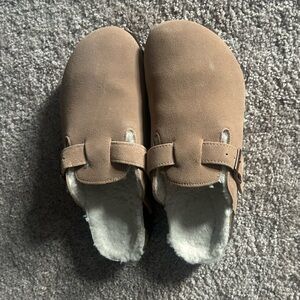Tan Suede Clogs with Buckle